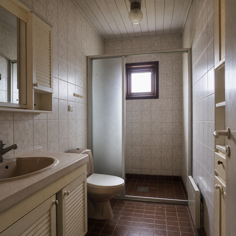 Baderom før renovering — slitt fliser og utdatert innredning